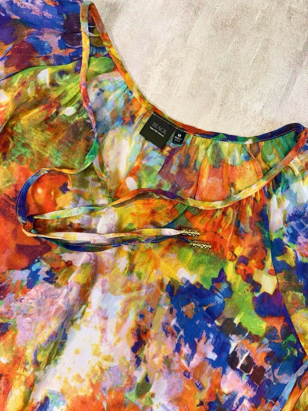 Black Saks Fifth Avenue Multicolor Abstract Print‎ Sheer Blouse Size M
